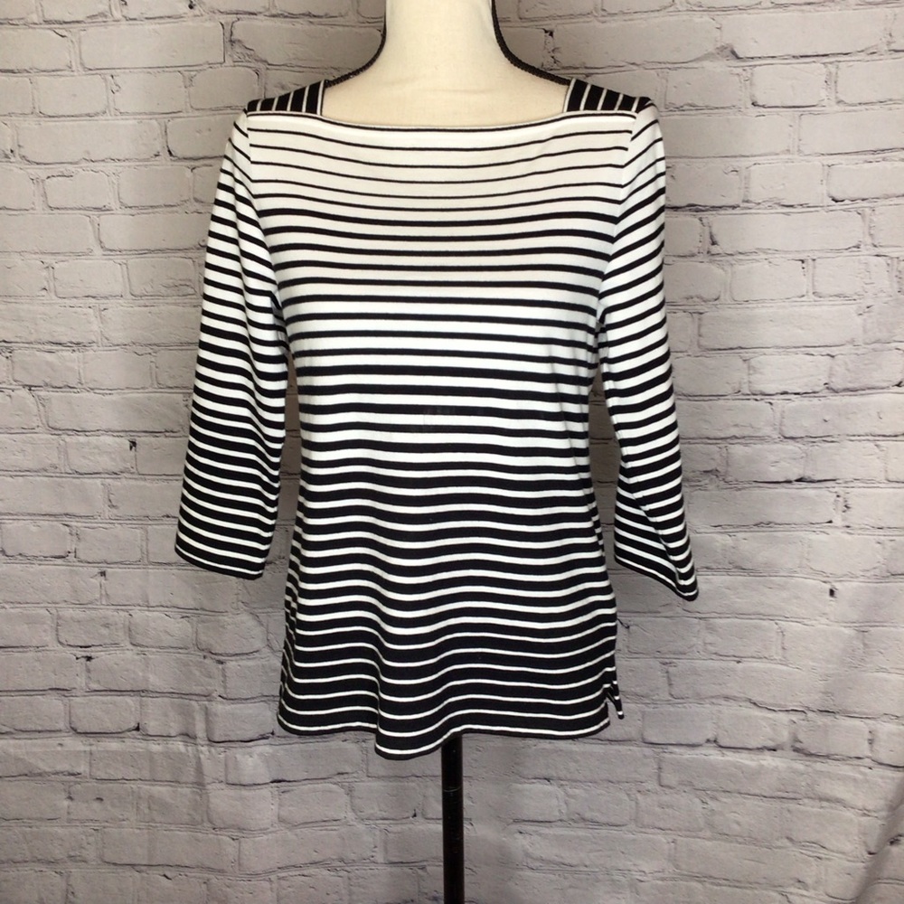Talbots Black and White Striped Boatneck Pullover Top Small Petite